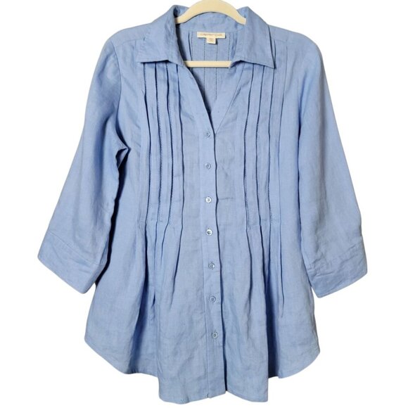 Coldwater Creek Tops - Coldwater Creek Womens Blue Linen Boho Pintuck 3/4 Sleeves Button Front Top M